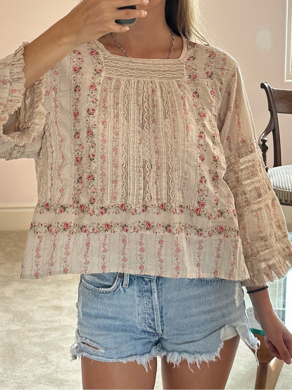 Brand New Without Tags Magnolia Pearl Rsala Floral Lace and Ruffle Blouse